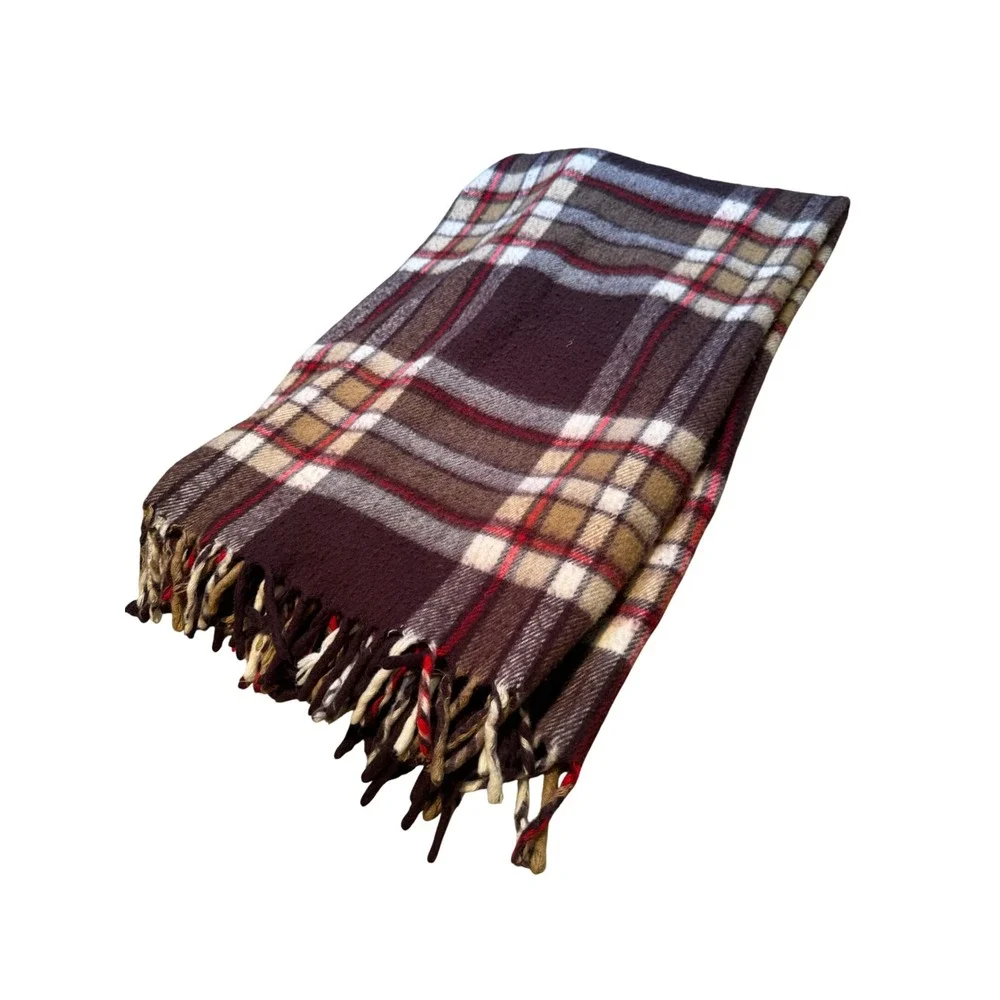 Faribault Woolen‎ Mill Faribo Plaid Blanket scarf Burgundy Tan Fringe USA Made